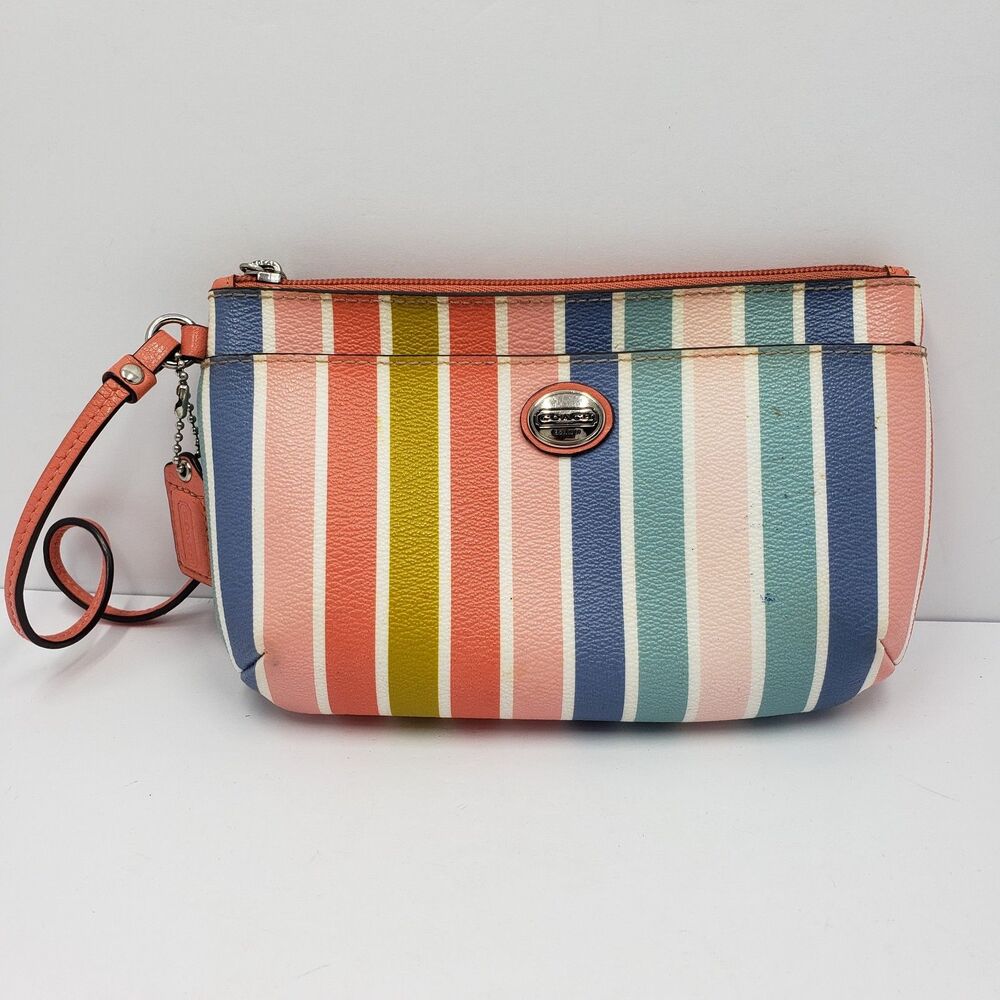 Coach Multicolor Striped Wristlet Bag Zip Closure Inner Pockets Women Casual
